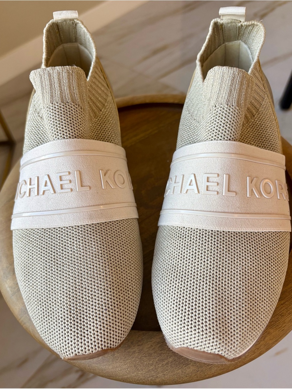 NEW Michael Kors Beige Knit Slip-On Sneakers with Gold Tennis Shoes 7.5 - Picture 3 of 7